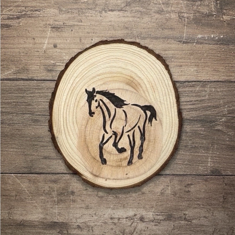Wood Slice with Horse Engraving